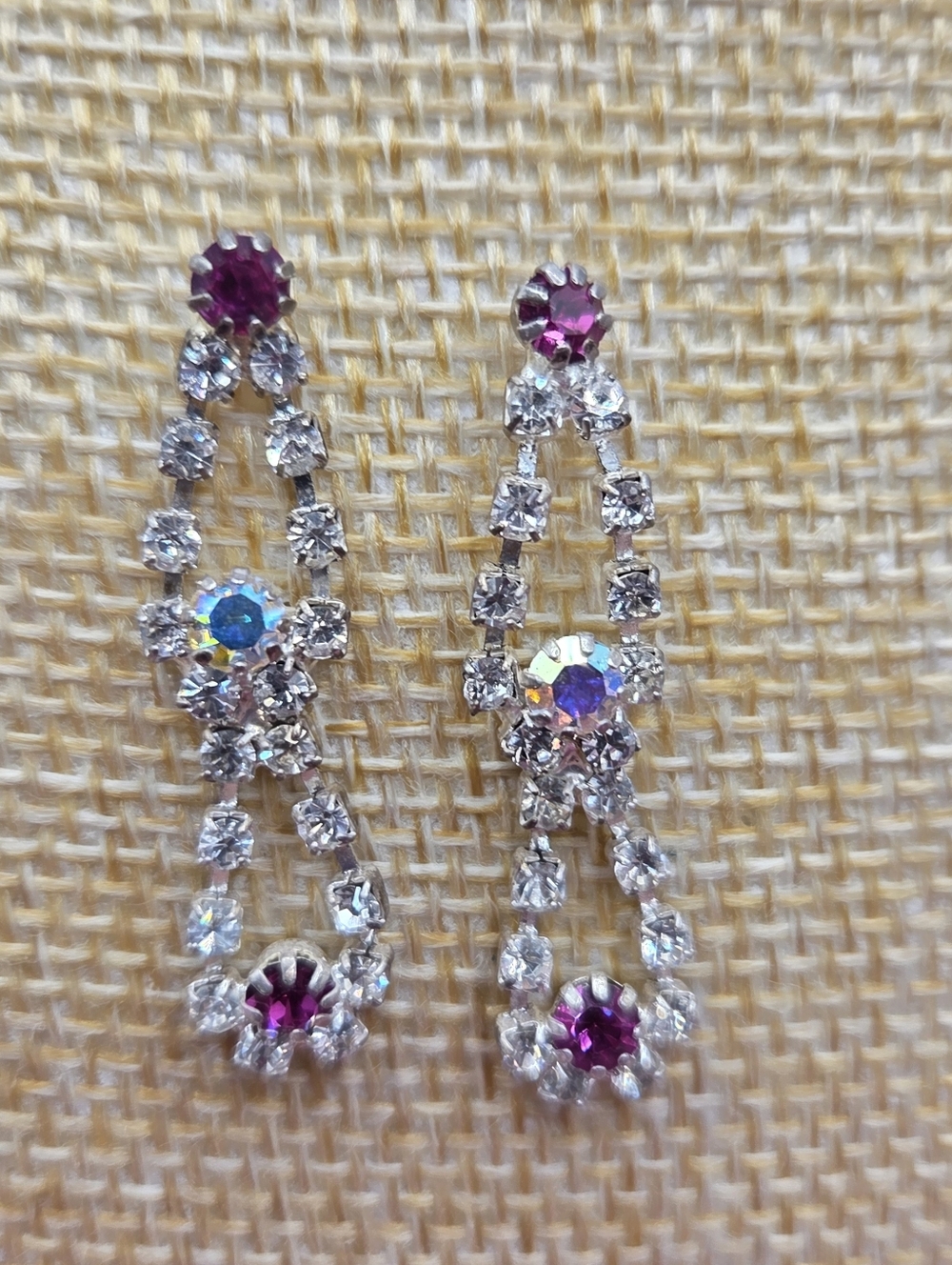1224. Vintage Silver-Tone Red and Aurora Crystal Drop Earrings